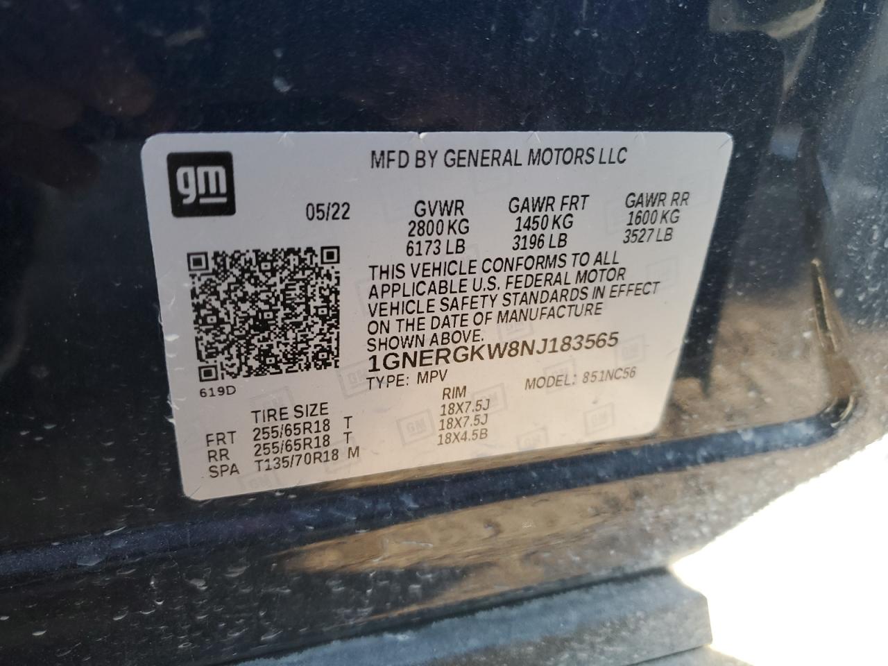 2022 CHEVROLET TRAVERSE LT VIN:1GNERGKW8NJ183565