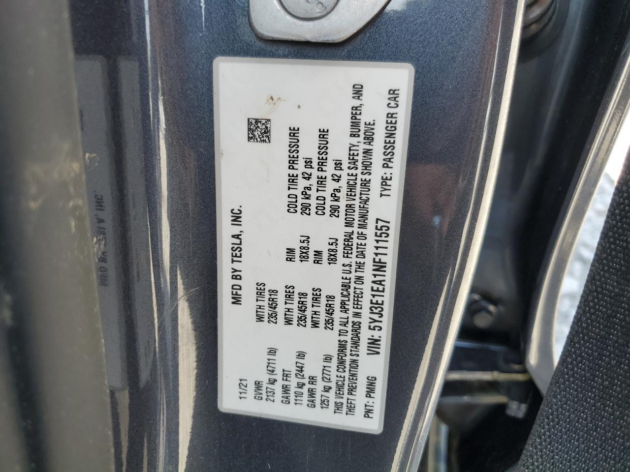 2022 TESLA MODEL 3 VIN:5YJ3E1EA1NF111557