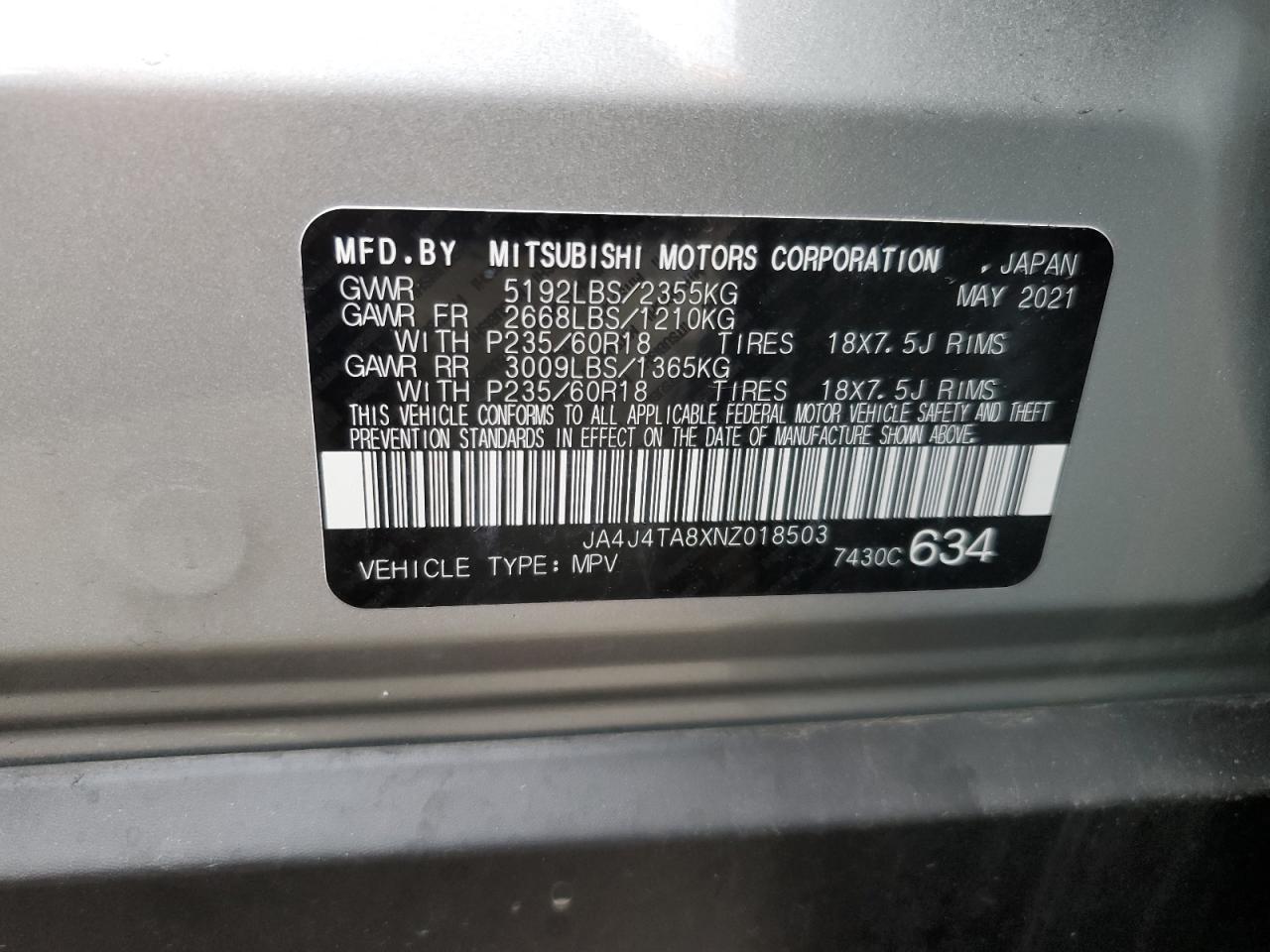 2022 MITSUBISHI OUTLANDER ES VIN:JA4J4TA8XNZ018503