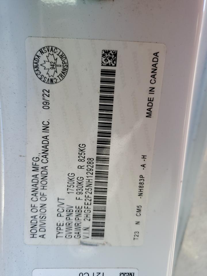 2022 HONDA CIVIC LX VIN:2HGFE2F25NH129288