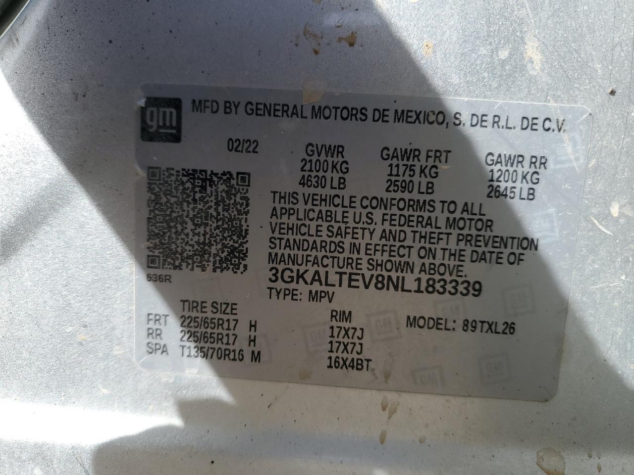 2022 GMC TERRAIN SLE VIN:3GKALTEV8NL183339