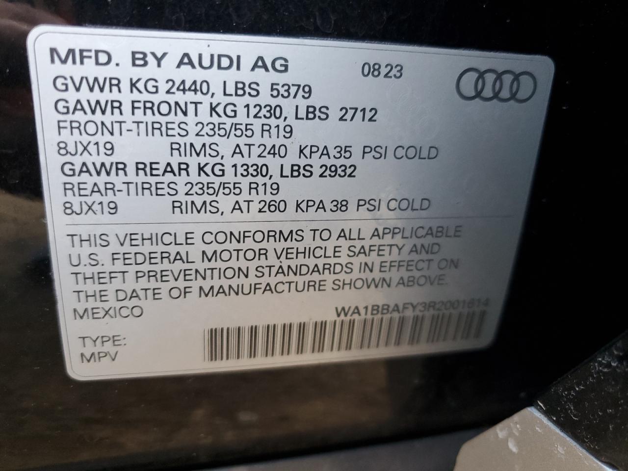 2024 AUDI Q5 PREMIUM PLUS 40 VIN:WA1BBAFY3R2001614