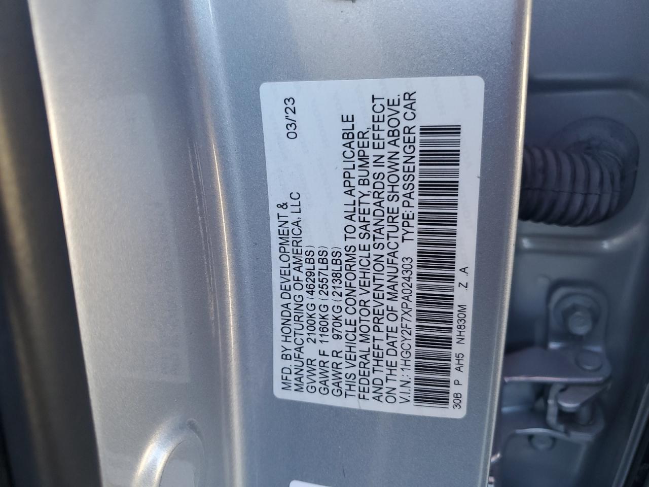 2023 HONDA ACCORD HYBRID SPORT-L VIN:1HGCY2F7XPA024303