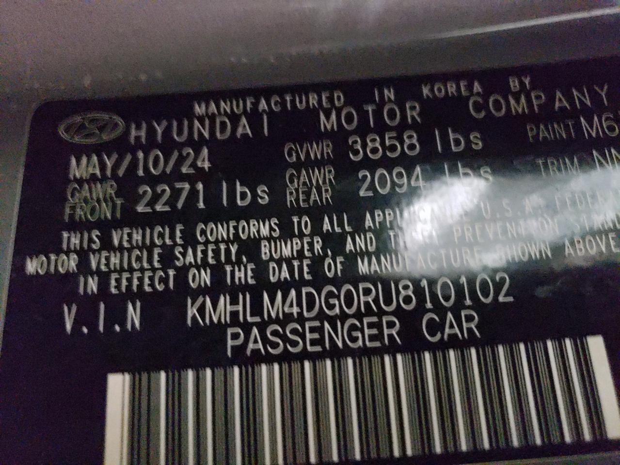 2024 HYUNDAI ELANTRA SEL VIN:KMHLM4DG0RU810102