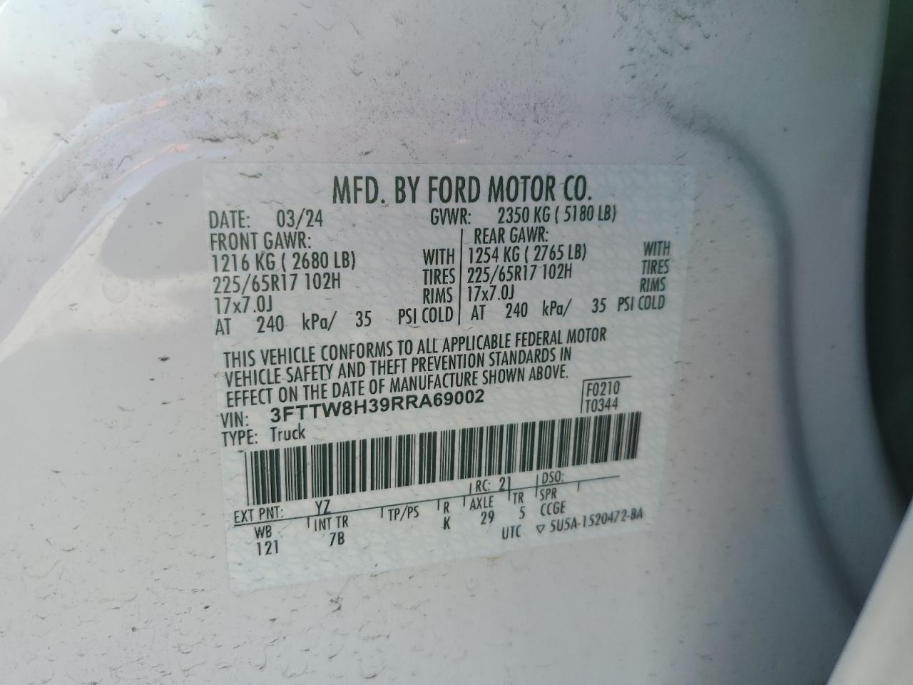 2024 FORD MAVERICK XLT VIN:3FTTW8H39RRA69002