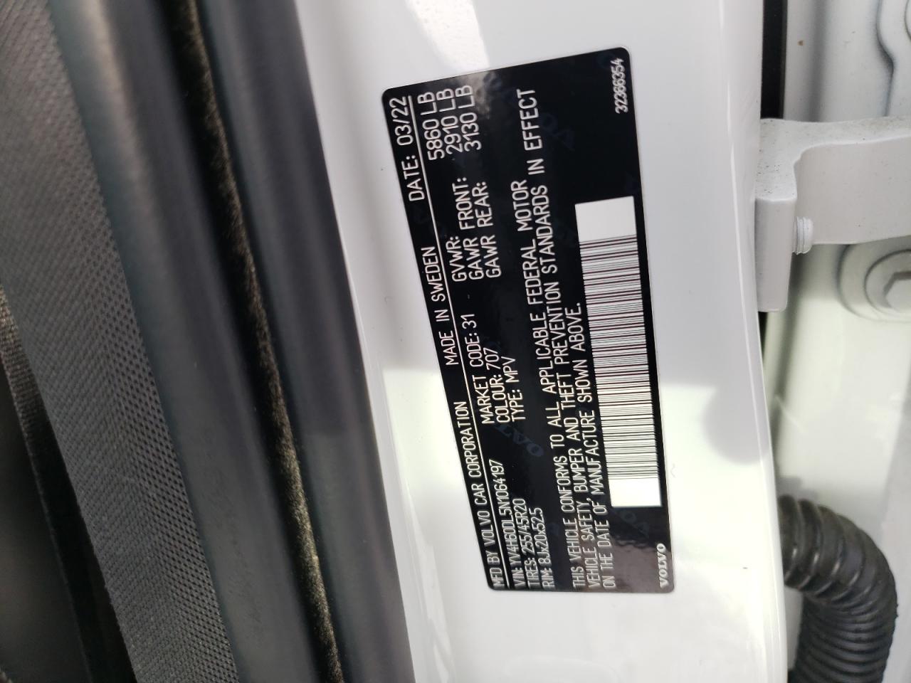 2022 VOLVO XC60 T8 RECHARGE INSCRIPTION VIN:YV4H60DL5N1064197