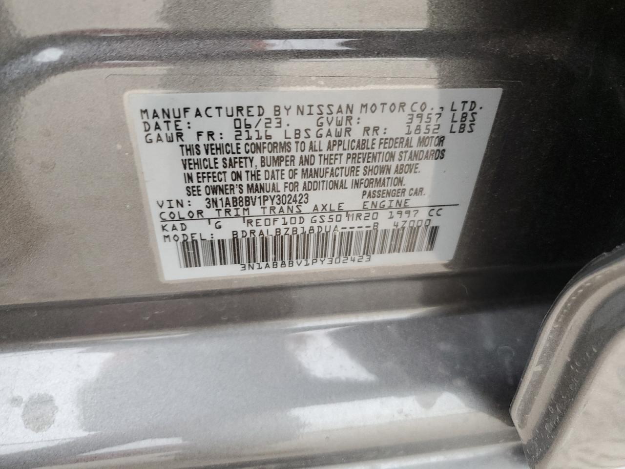 2023 NISSAN SENTRA S VIN:3N1AB8BV1PY302423