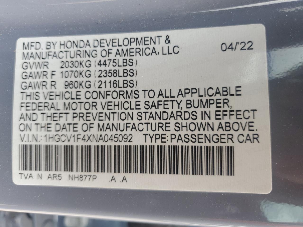 2022 HONDA ACCORD SPORT SE VIN:1HGCV1F4XNA045092