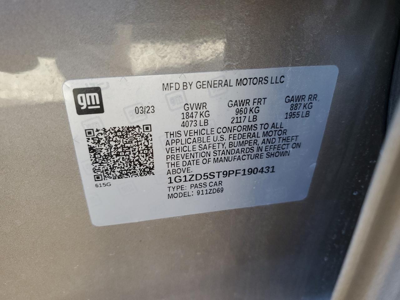 2023 CHEVROLET MALIBU LT VIN:1G1ZD5ST9PF190431