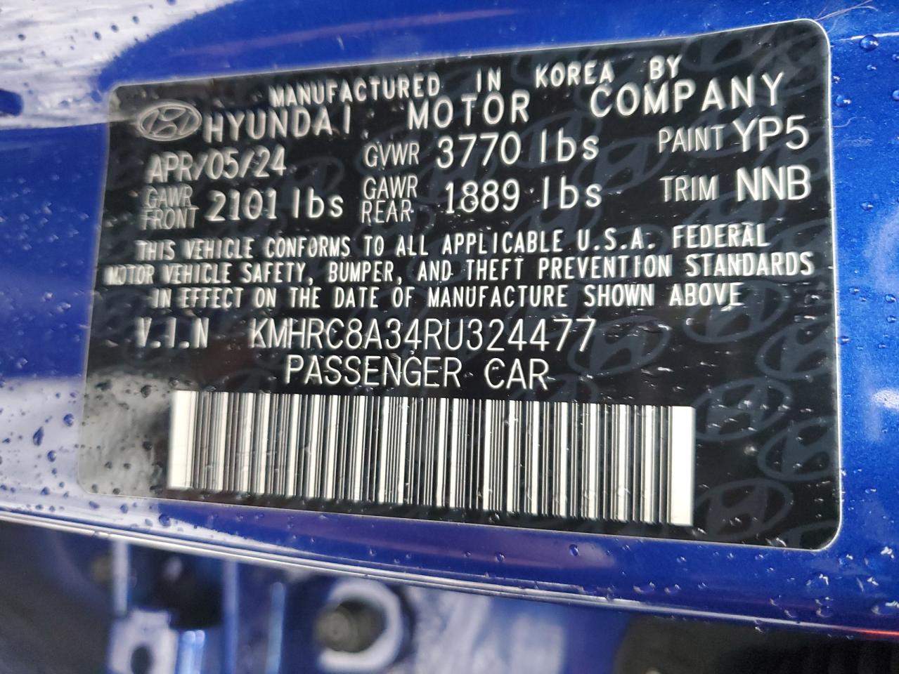 2024 HYUNDAI VENUE SEL VIN:KMHRC8A34RU324477