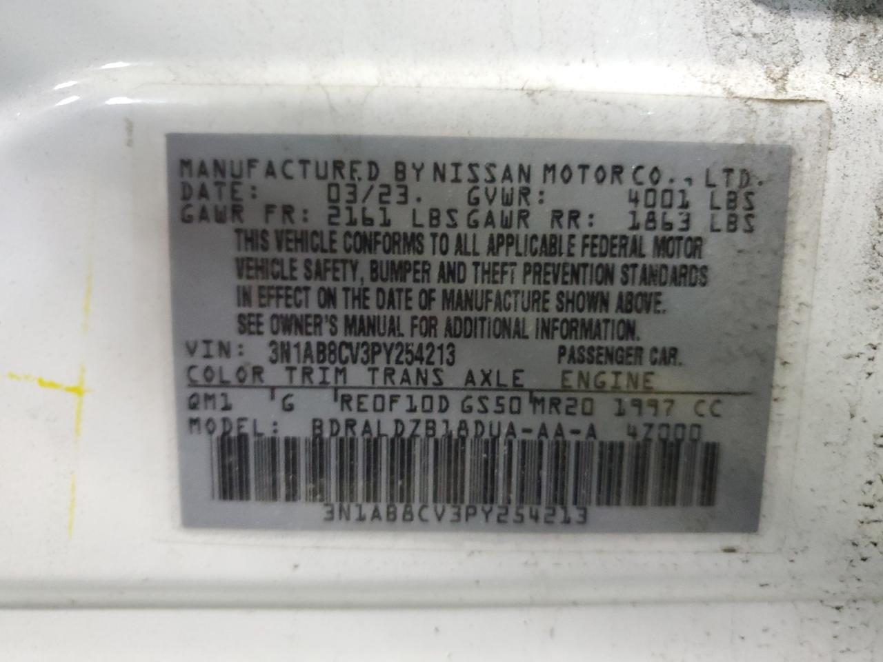 2023 NISSAN SENTRA SV VIN:3N1AB8CV3PY254213