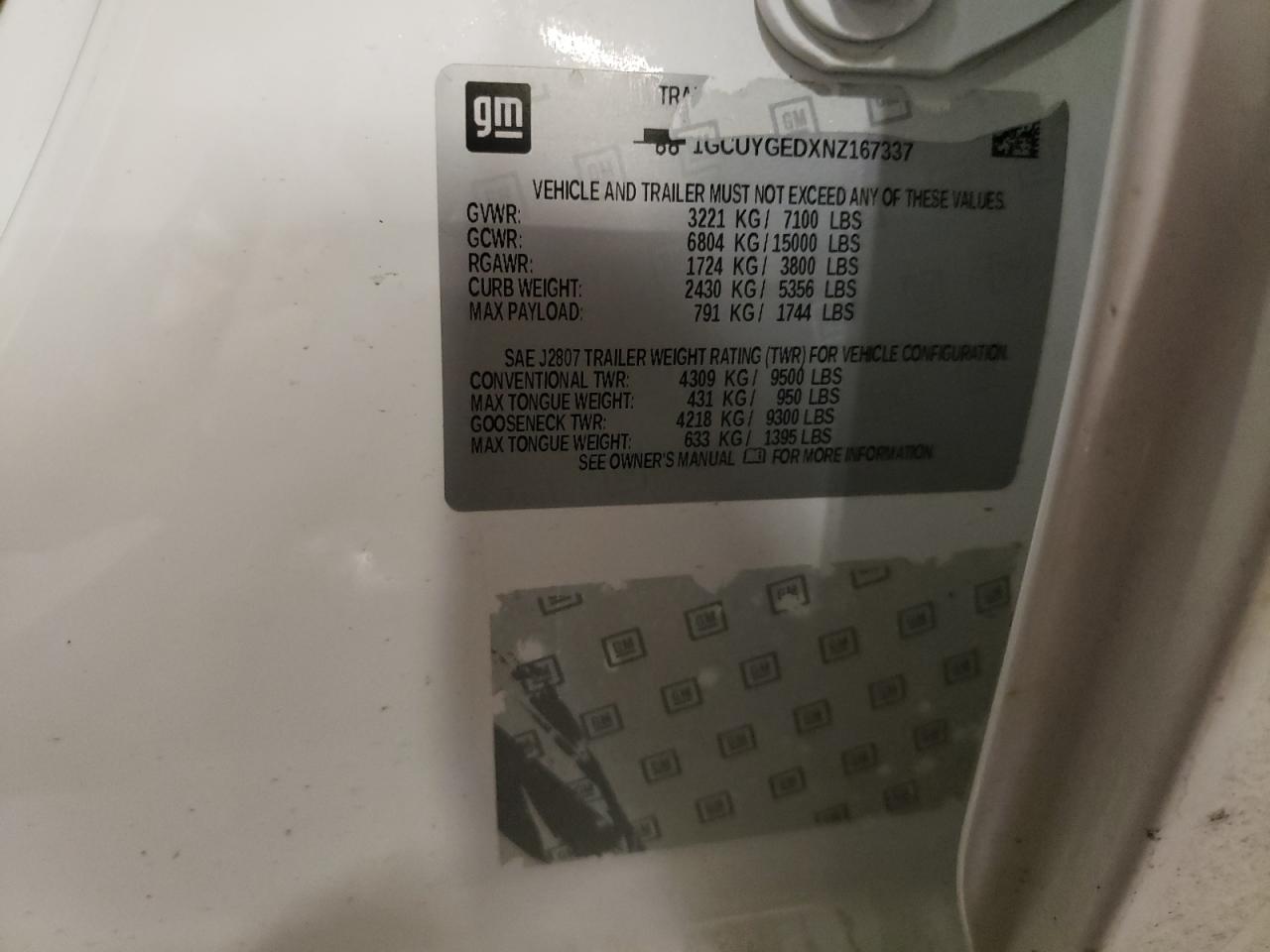 2022 CHEVROLET SILVERADO LTD K1500 LTZ VIN:1GCUYGEDXNZ167337