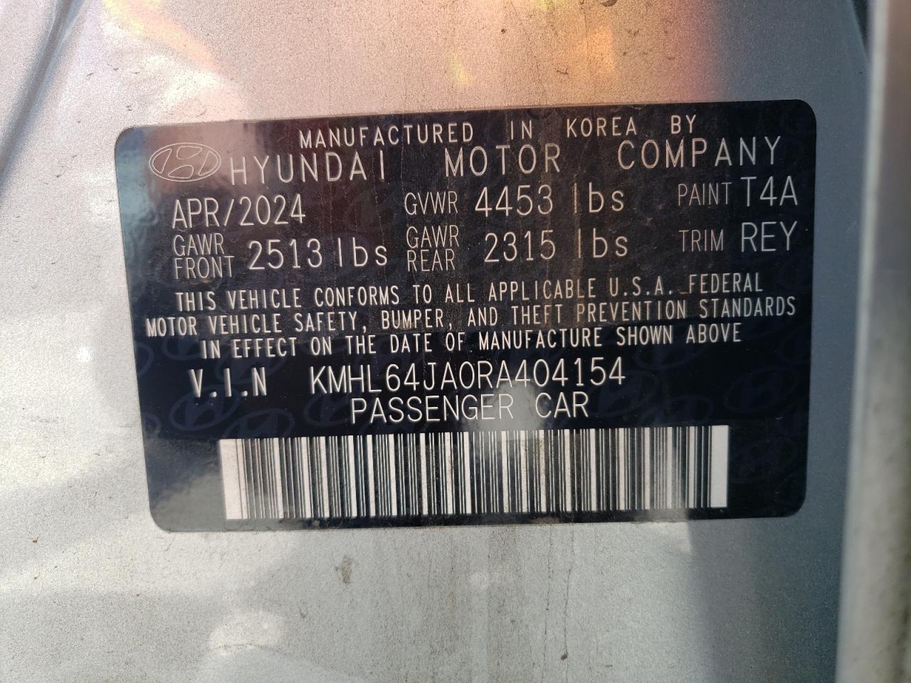 2024 HYUNDAI SONATA SEL VIN:KMHL64JA0RA404154