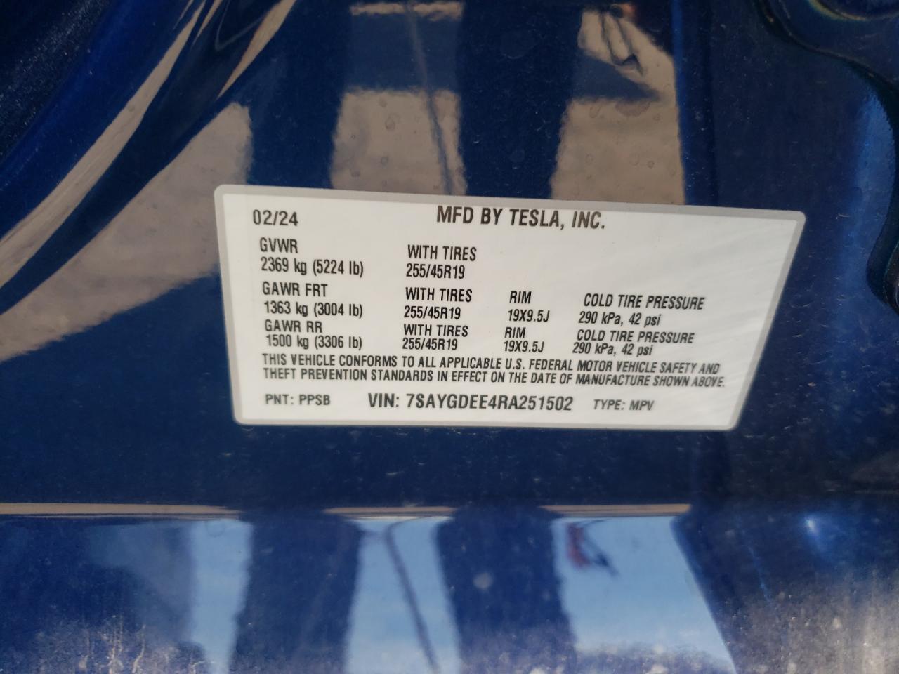 2024 TESLA MODEL Y VIN:7SAYGDEE4RA251502