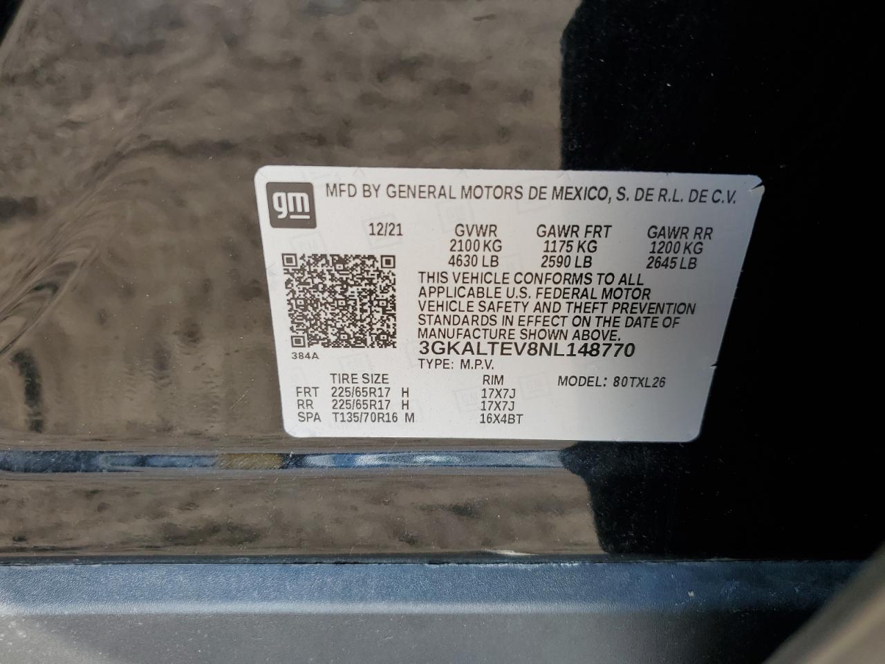 2022 GMC TERRAIN SLE VIN:3GKALTEV8NL148770