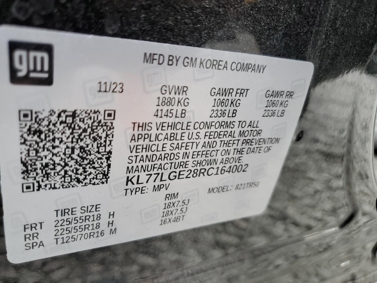 2024 CHEVROLET TRAX 1RS VIN:KL77LGE28RC164002