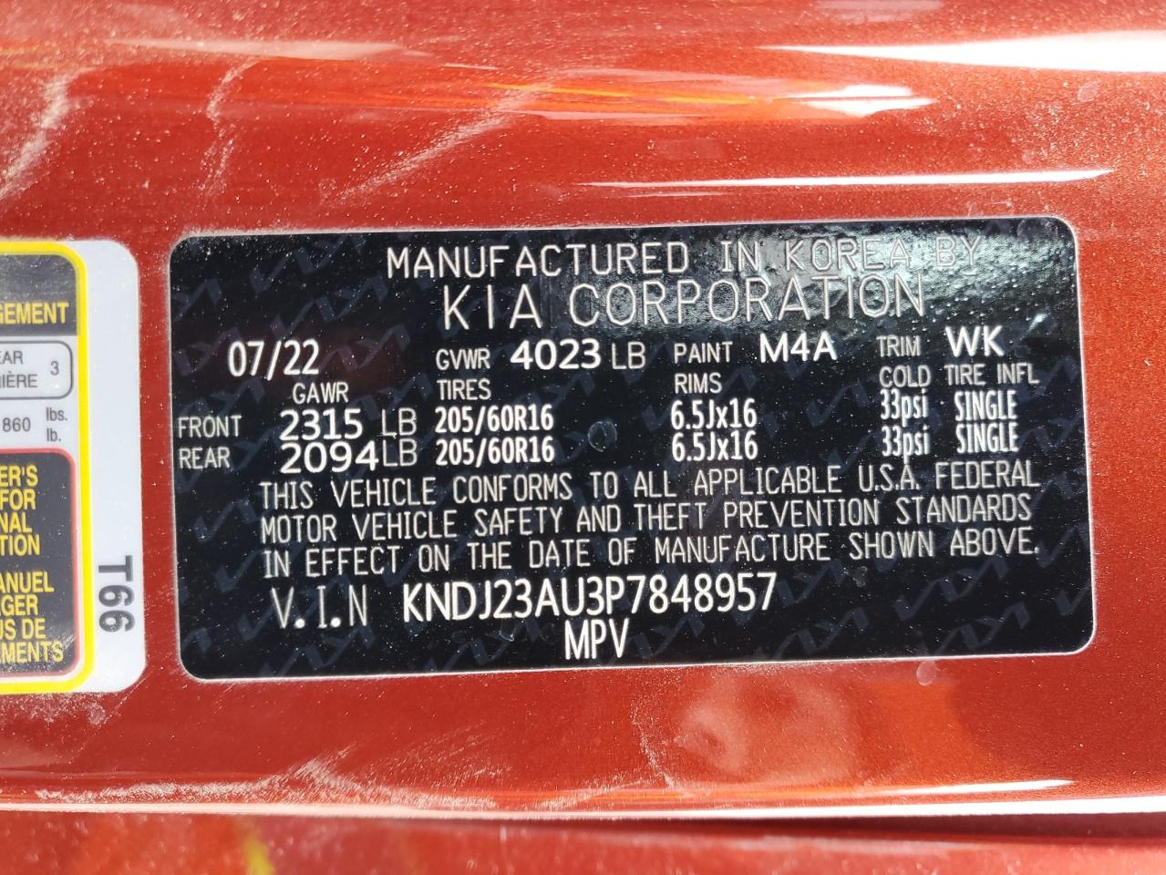 2023 KIA SOUL LX VIN:KNDJ23AU3P7848957