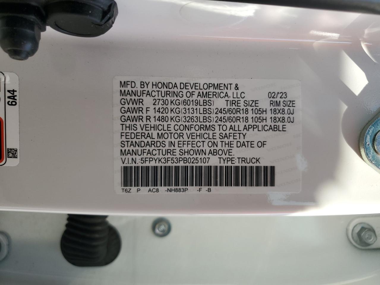 2023 HONDA RIDGELINE RTL VIN:5FPYK3F53PB025107