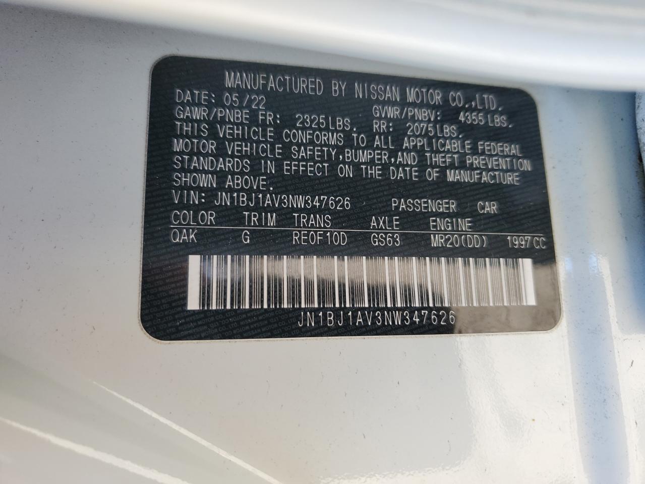 2022 NISSAN ROGUE SPORT S VIN:JN1BJ1AV3NW347626