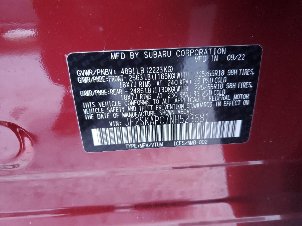 2022 SUBARU FORESTER LIMITED VIN:JF2SKAPC7NH523681