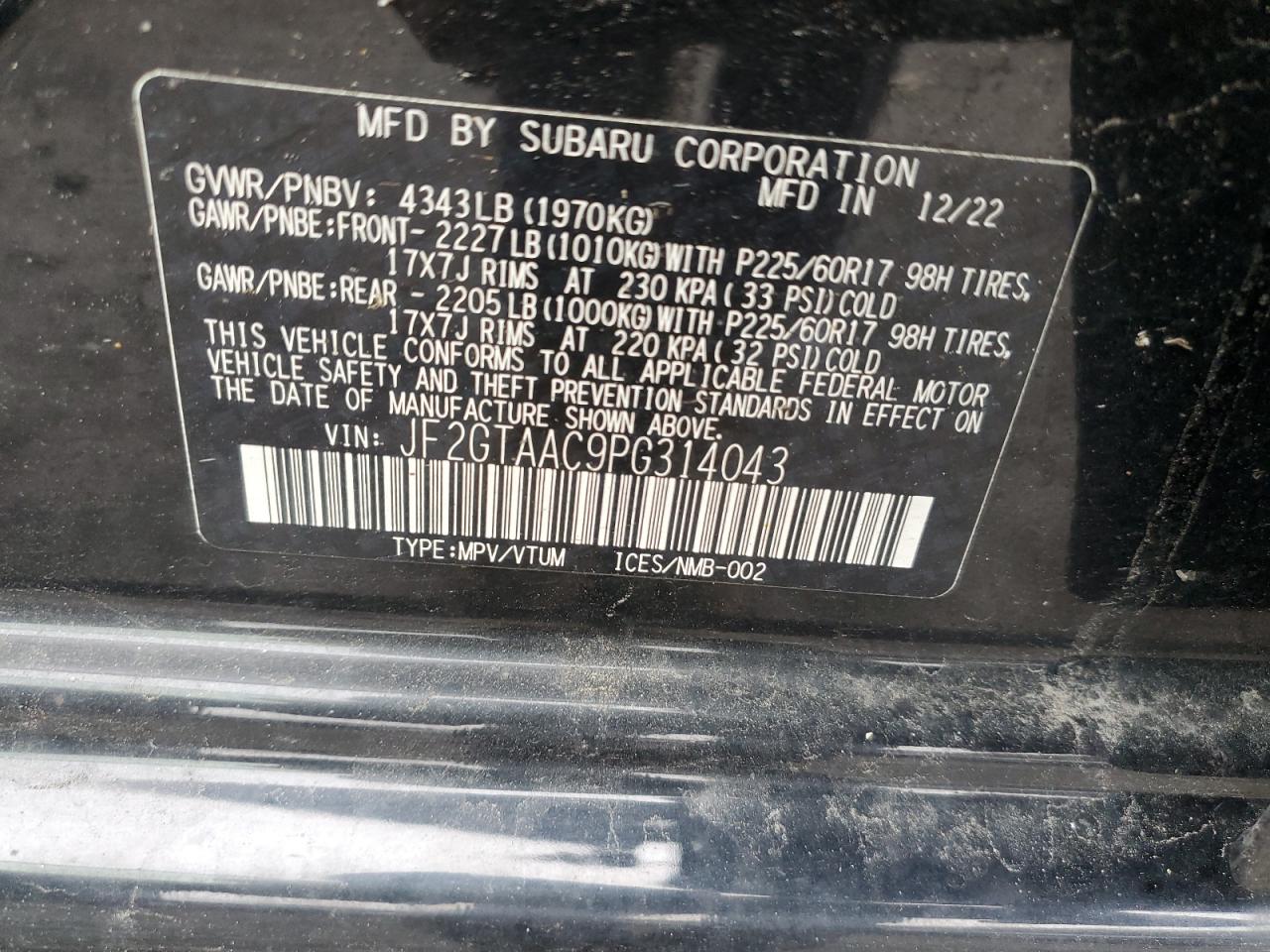 2023 SUBARU CROSSTREK VIN:JF2GTAAC9PG314043