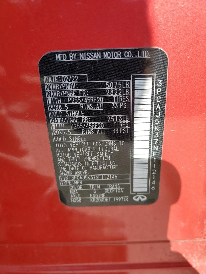 2022 INFINITI QX55 ESSENTIAL VIN:3PCAJ5K37NF112146