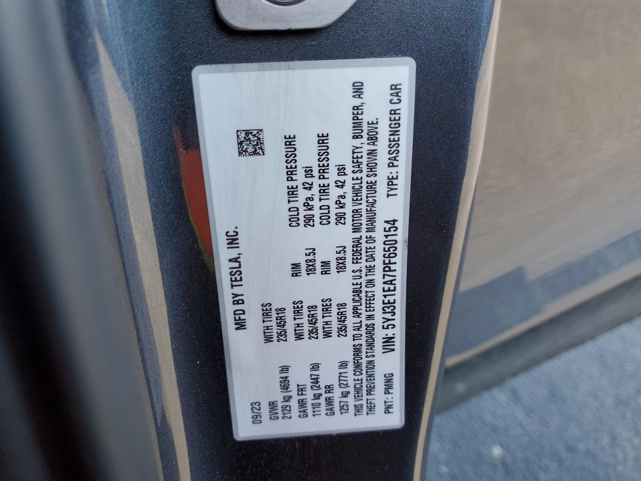 2023 TESLA MODEL 3 VIN:5YJ3E1EA7PF650154
