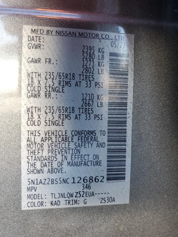 2022 NISSAN MURANO SV VIN:5N1AZ2BS5NC126862