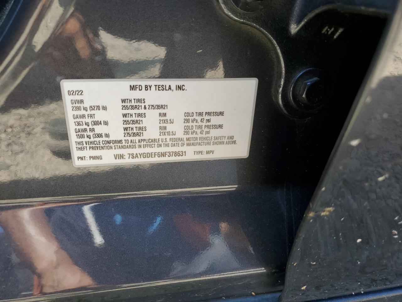 2022 TESLA MODEL Y VIN:7SAYGDEF6NF378631
