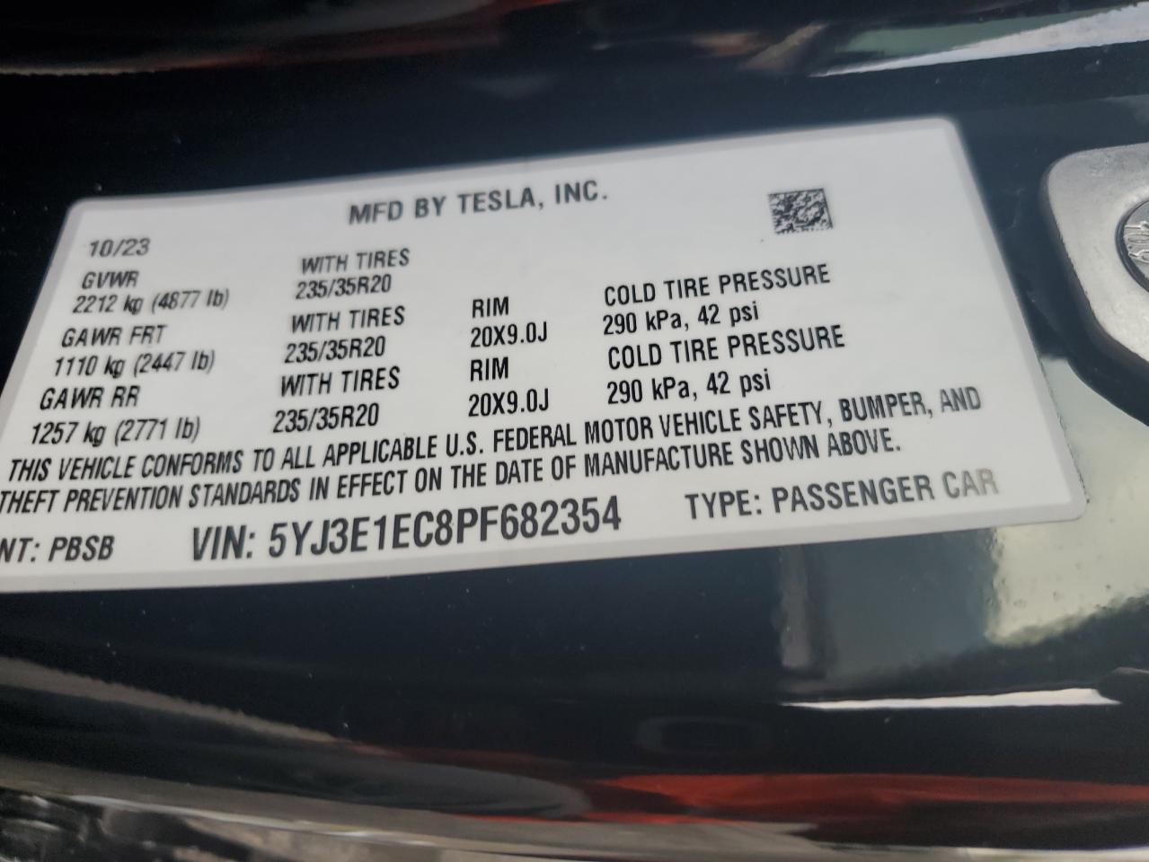 2023 TESLA MODEL 3 VIN:5YJ3E1EC8PF682354