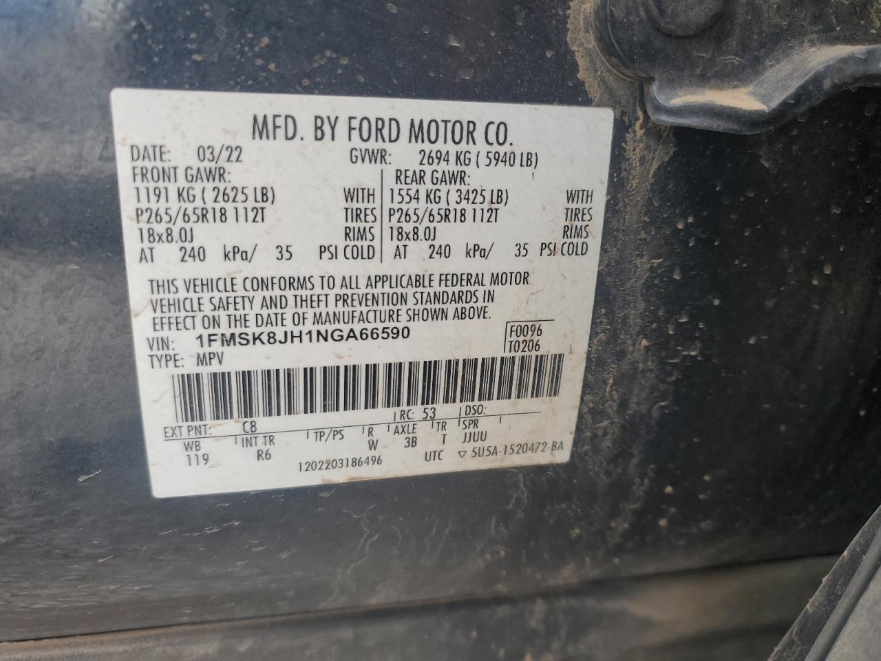 2022 FORD EXPLORER TIMBERLINE VIN:1FMSK8JH1NGA66590
