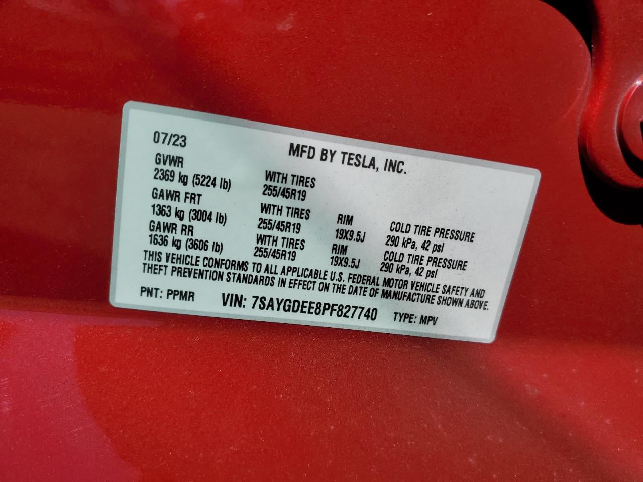 2023 TESLA MODEL Y VIN:7SAYGDEE8PF827740