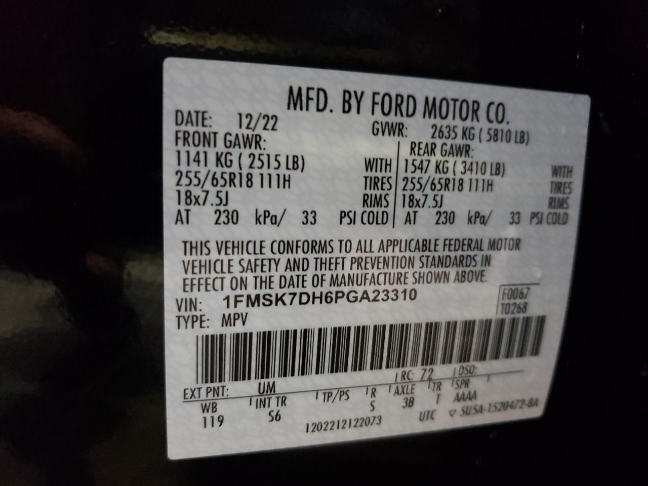 2023 FORD EXPLORER XLT VIN:1FMSK7DH6PGA23310