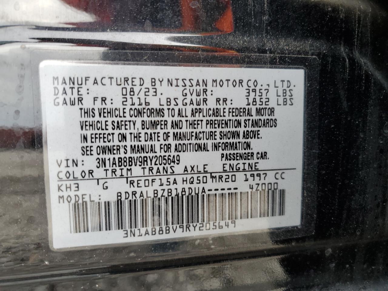 2024 NISSAN SENTRA S VIN:3N1AB8BV9RY205649
