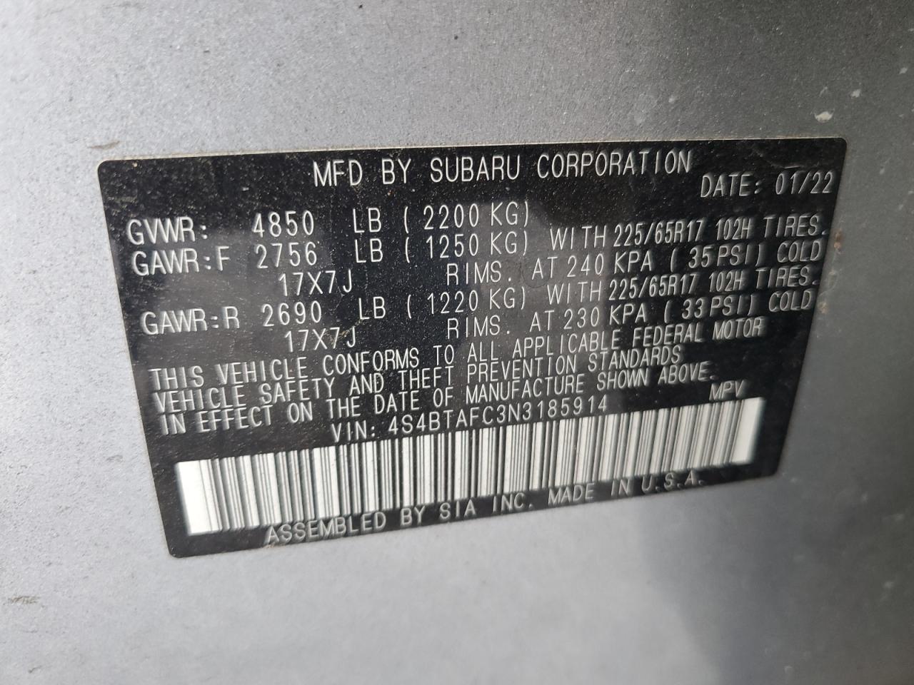 2022 SUBARU OUTBACK PREMIUM VIN:4S4BTAFC3N3185914