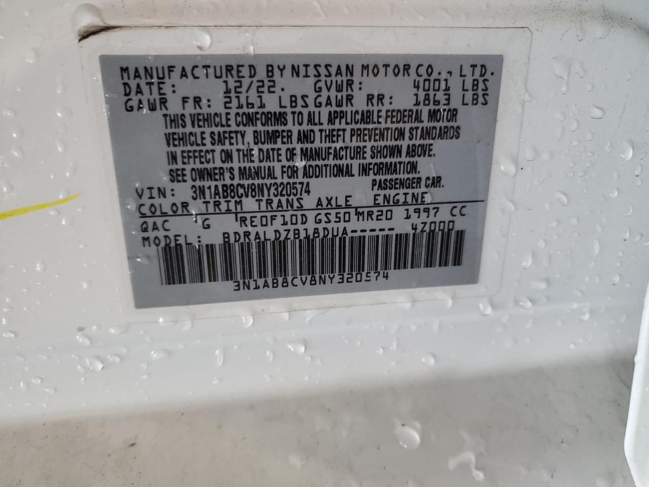 2022 NISSAN SENTRA SV VIN:3N1AB8CV8NY320574
