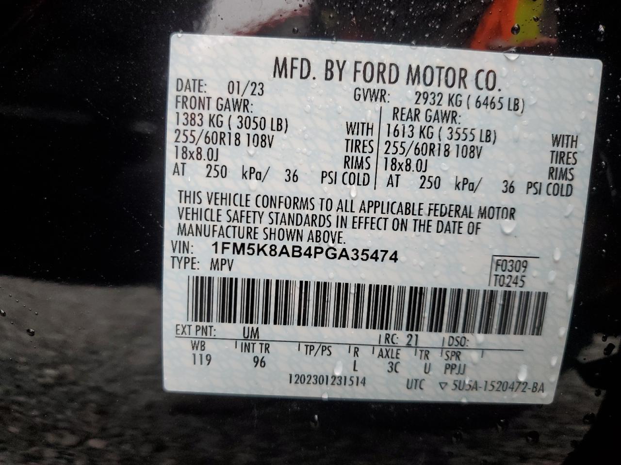 2023 FORD EXPLORER POLICE INTERCEPTOR VIN:1FM5K8AB4PGA35474