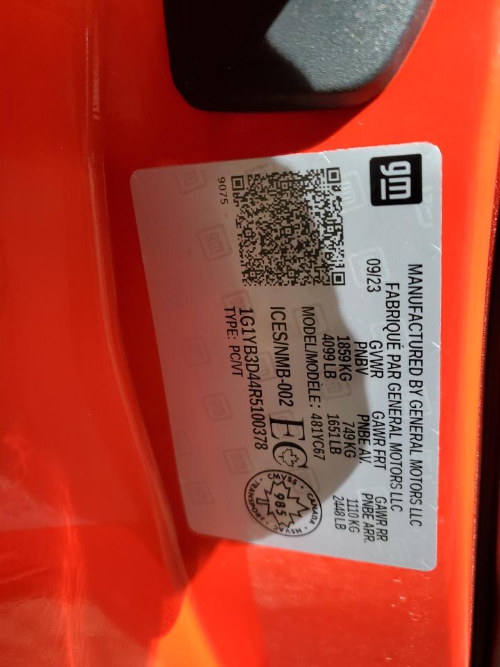 2024 CHEVROLET CORVETTE STINGRAY 2LT VIN:1G1YB3D44R5100378