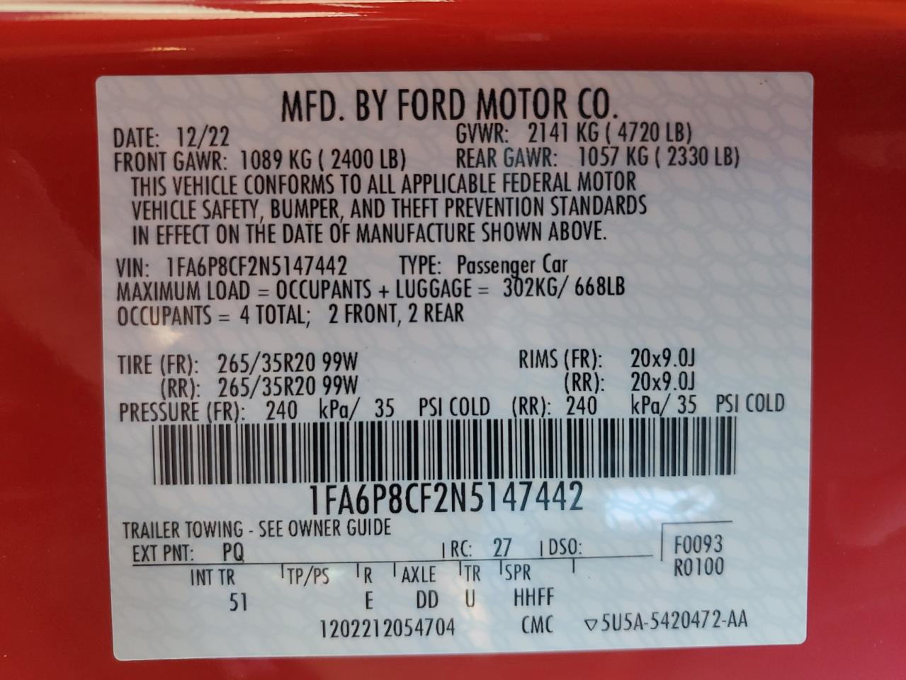 2022 FORD MUSTANG GT VIN:1FA6P8CF2N5147442
