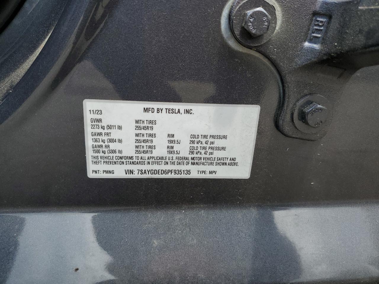 2023 TESLA MODEL Y VIN:7SAYGDED6PF935135