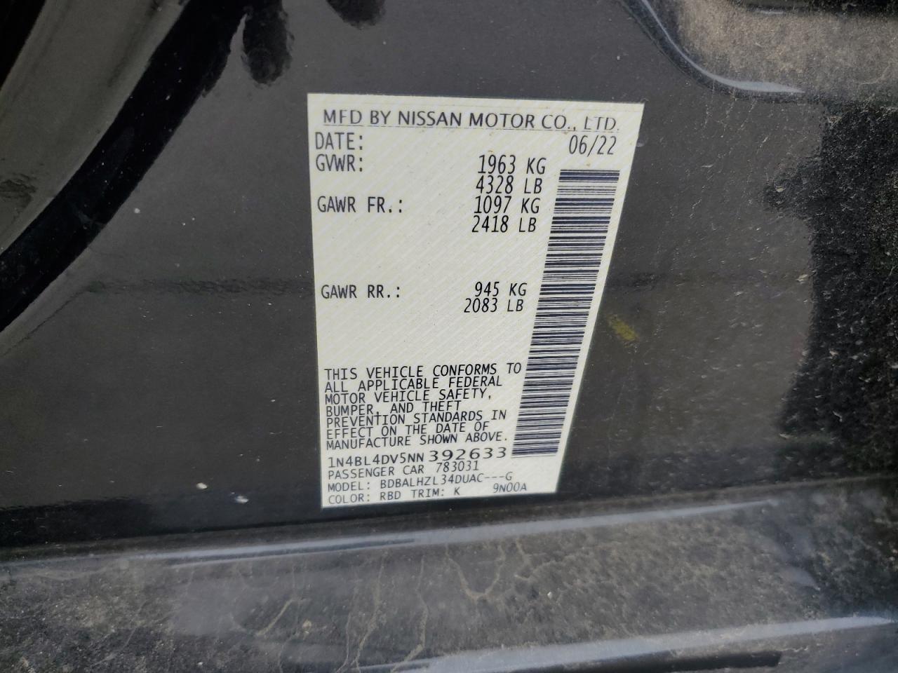 2022 NISSAN ALTIMA SV VIN:1N4BL4DV5NN392633
