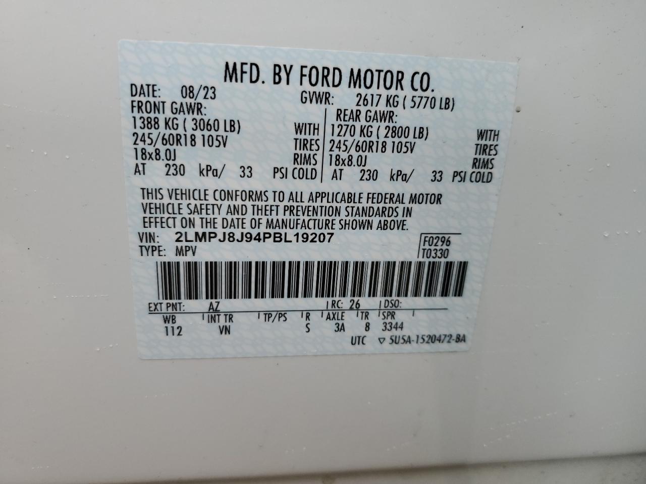 2023 LINCOLN NAUTILUS VIN:2LMPJ8J94PBL19207