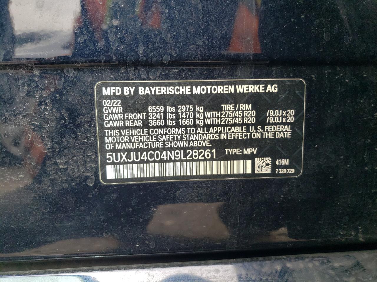 2022 BMW X5 M50I VIN:5UXJU4C04N9L28261