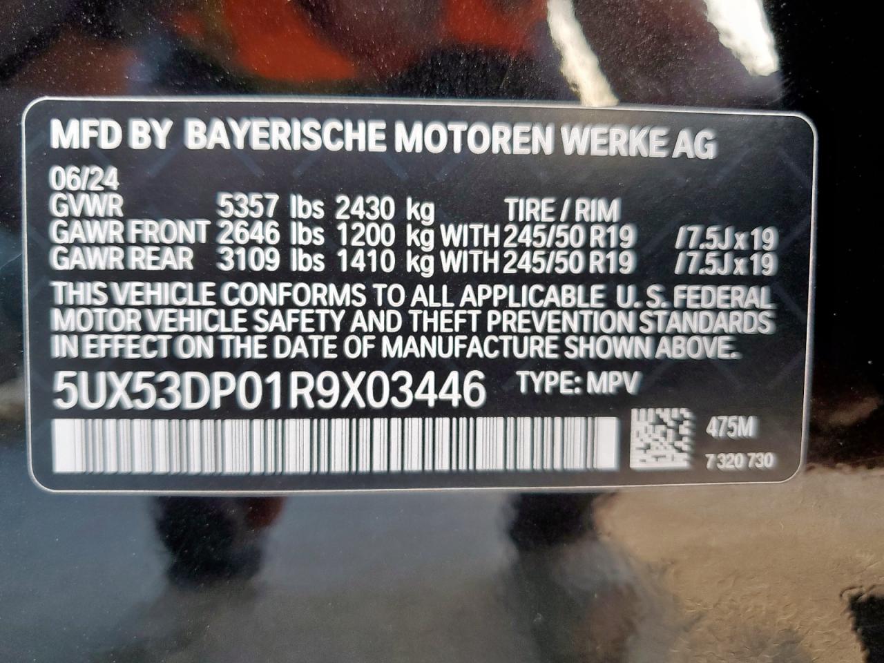 2024 BMW X3 XDRIVE30I VIN:5UX53DP01R9X03446