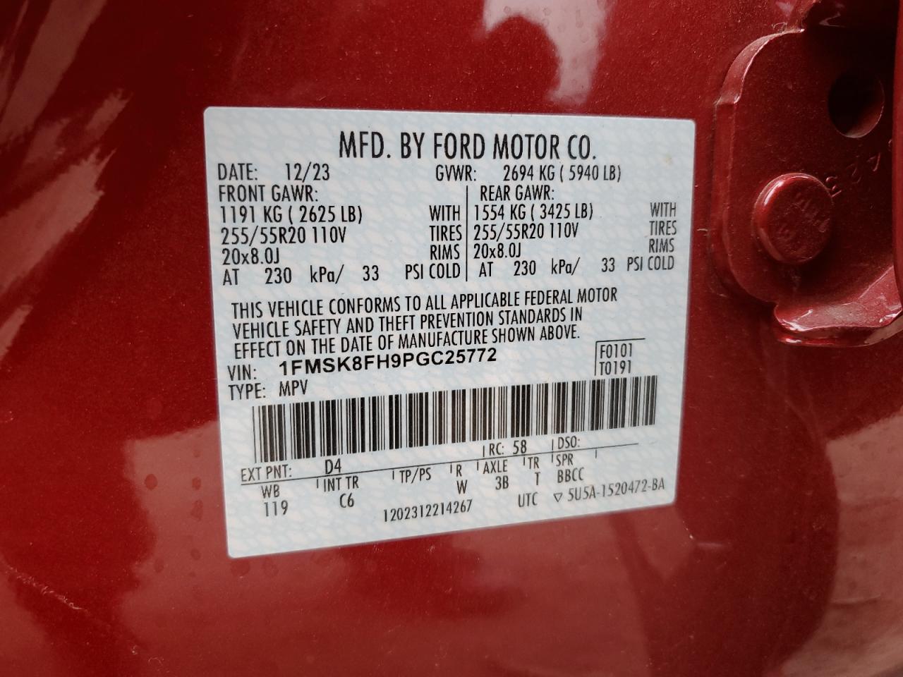 2023 FORD EXPLORER LIMITED VIN:1FMSK8FH9PGC25772