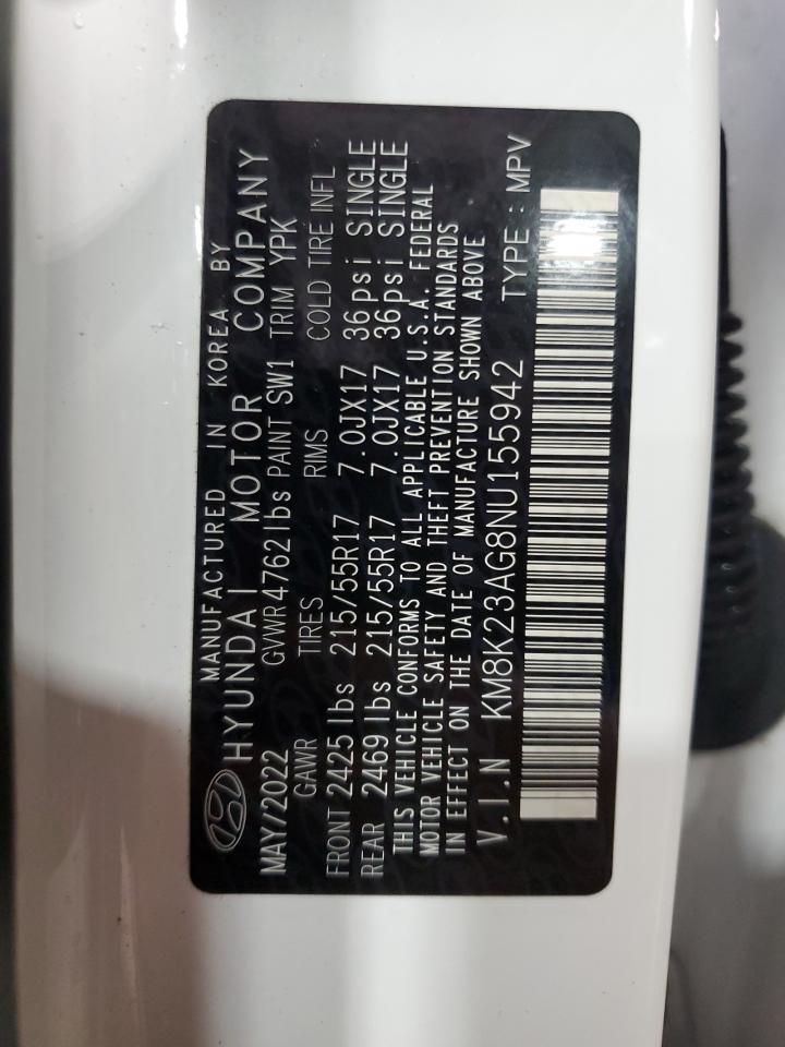 2022 HYUNDAI KONA SEL VIN:KM8K23AG8NU155942