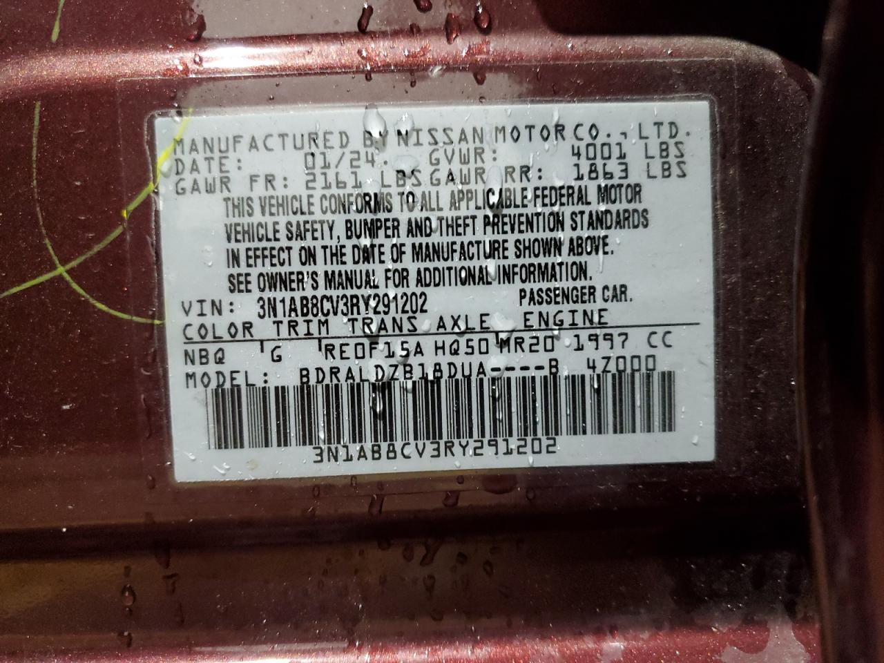 2024 NISSAN SENTRA SV VIN:3N1AB8CV3RY291202