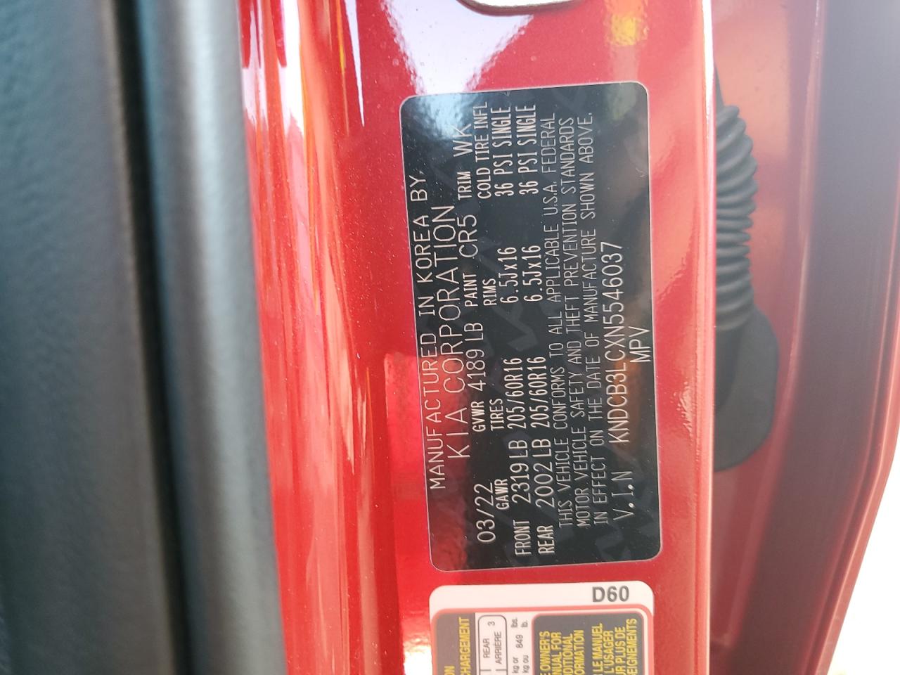 2022 KIA NIRO LX VIN:KNDCB3LCXN5546037