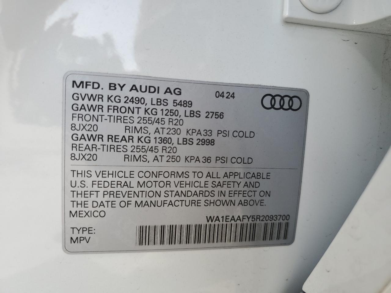 2024 AUDI Q5 PREMIUM PLUS 45 VIN:WA1EAAFY5R2093700