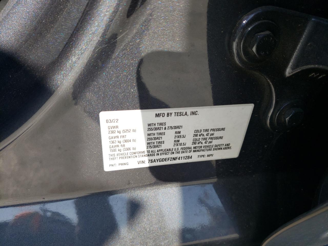 2022 TESLA MODEL Y VIN:7SAYGDEF2NF411284